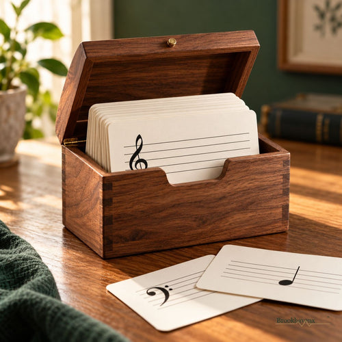 Beginner Music Flashcard Box — The flashcard box styled on a study desk