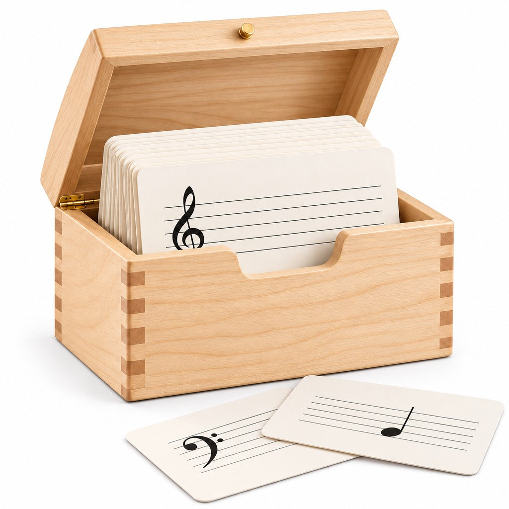 Beginner Music Flashcard Box — An open view of the box and learning cards