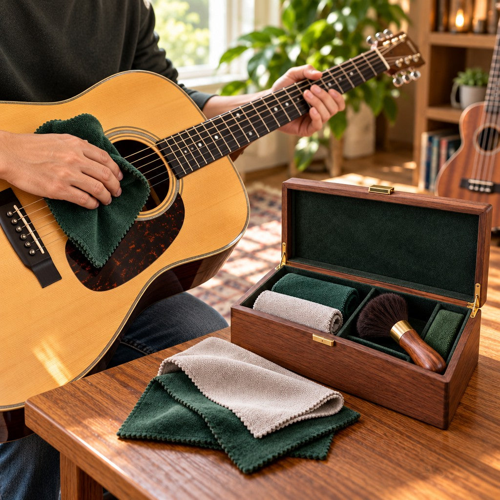 Guitar & Ukulele Cleaning Kit — Cleaning tools in use during a routine session