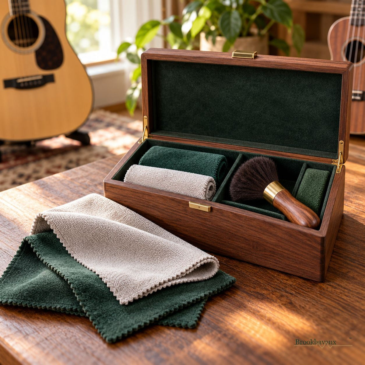 Guitar & Ukulele Cleaning Kit — A tidy care setup beside a favorite instrument
