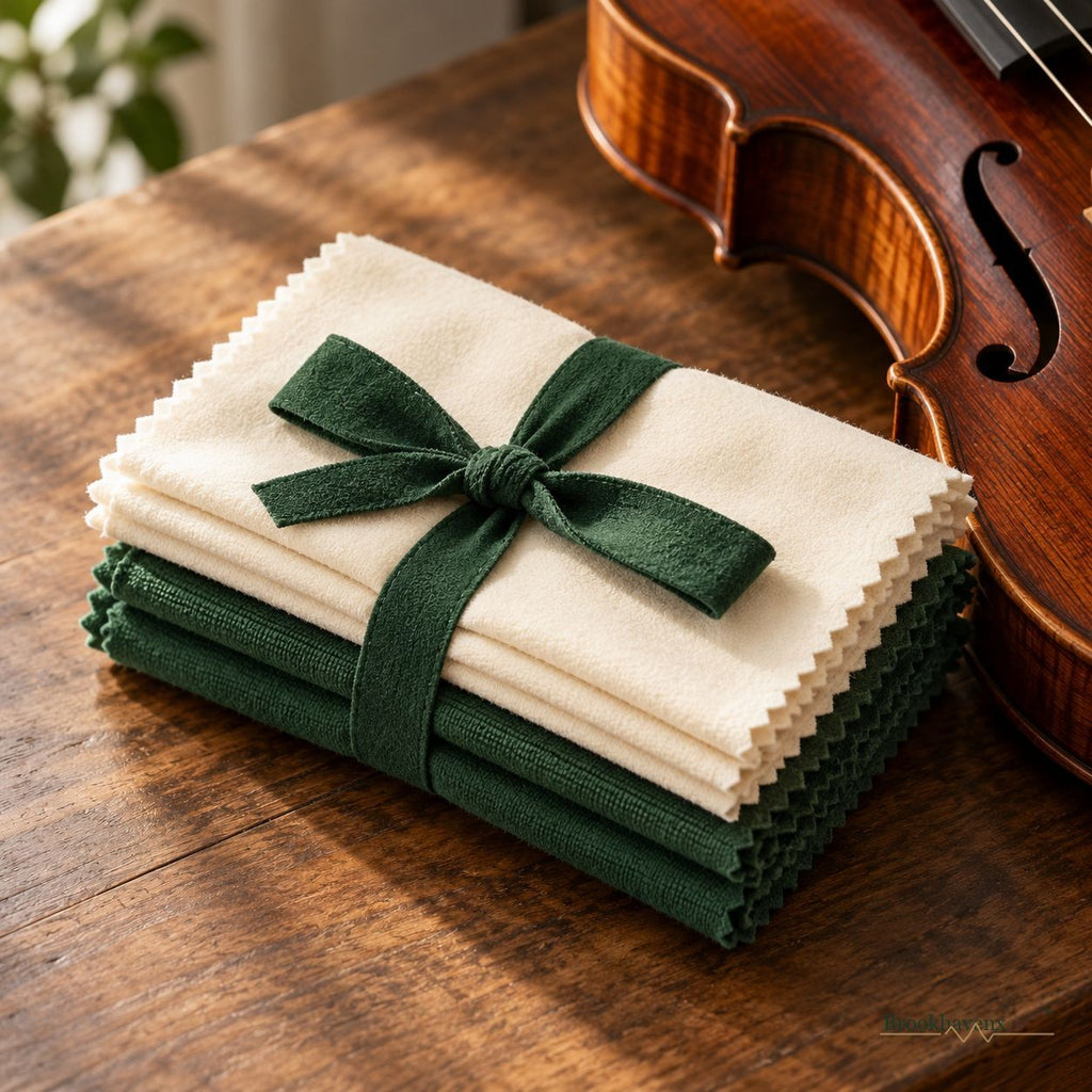 String Instrument Care Cloth Set — Cloths kept ready beside a string instrument