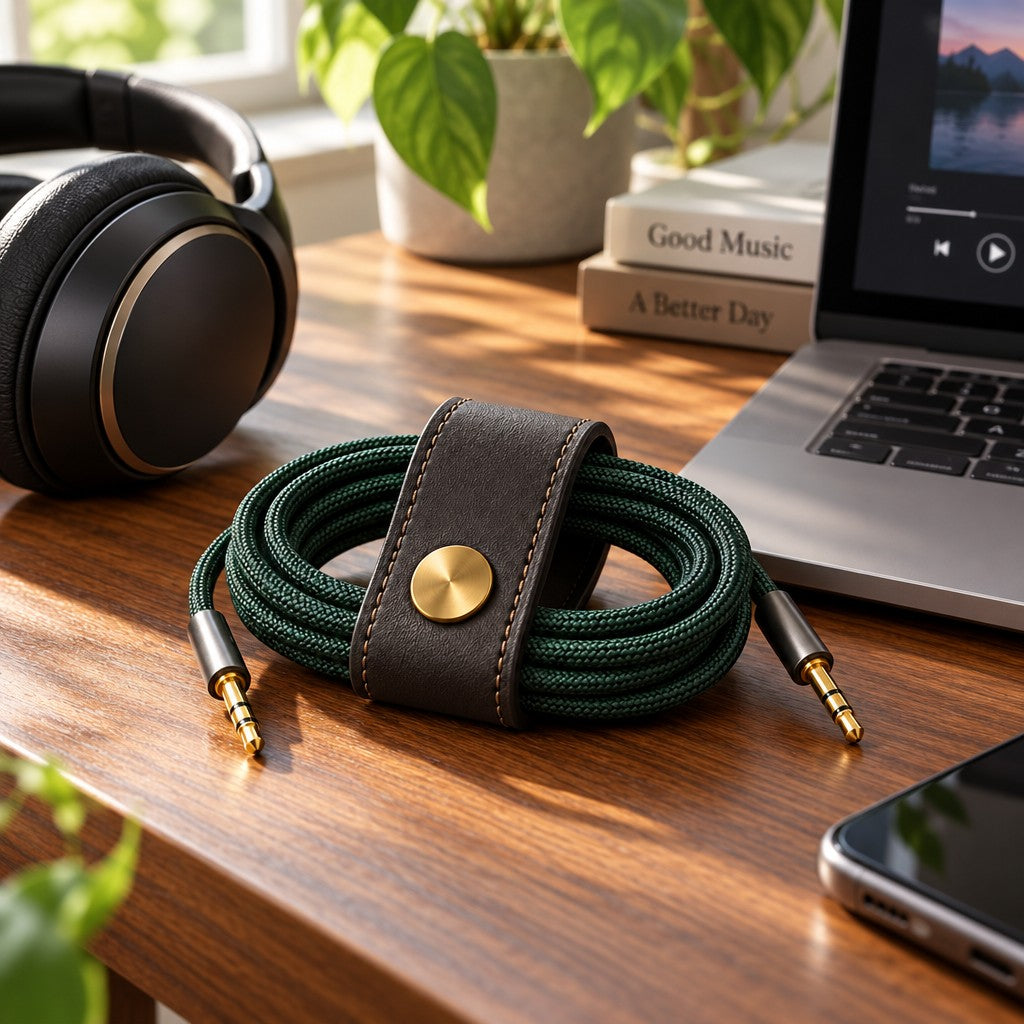 Audio Cable Organizer — The organizer styled beside everyday audio gear