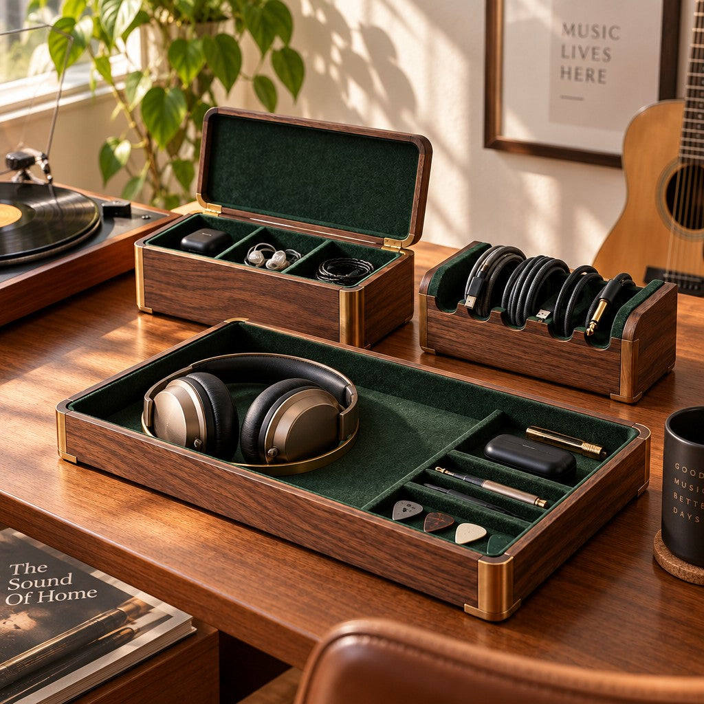 Home Music Corner Organizer Set — The set styled beside a home instrument